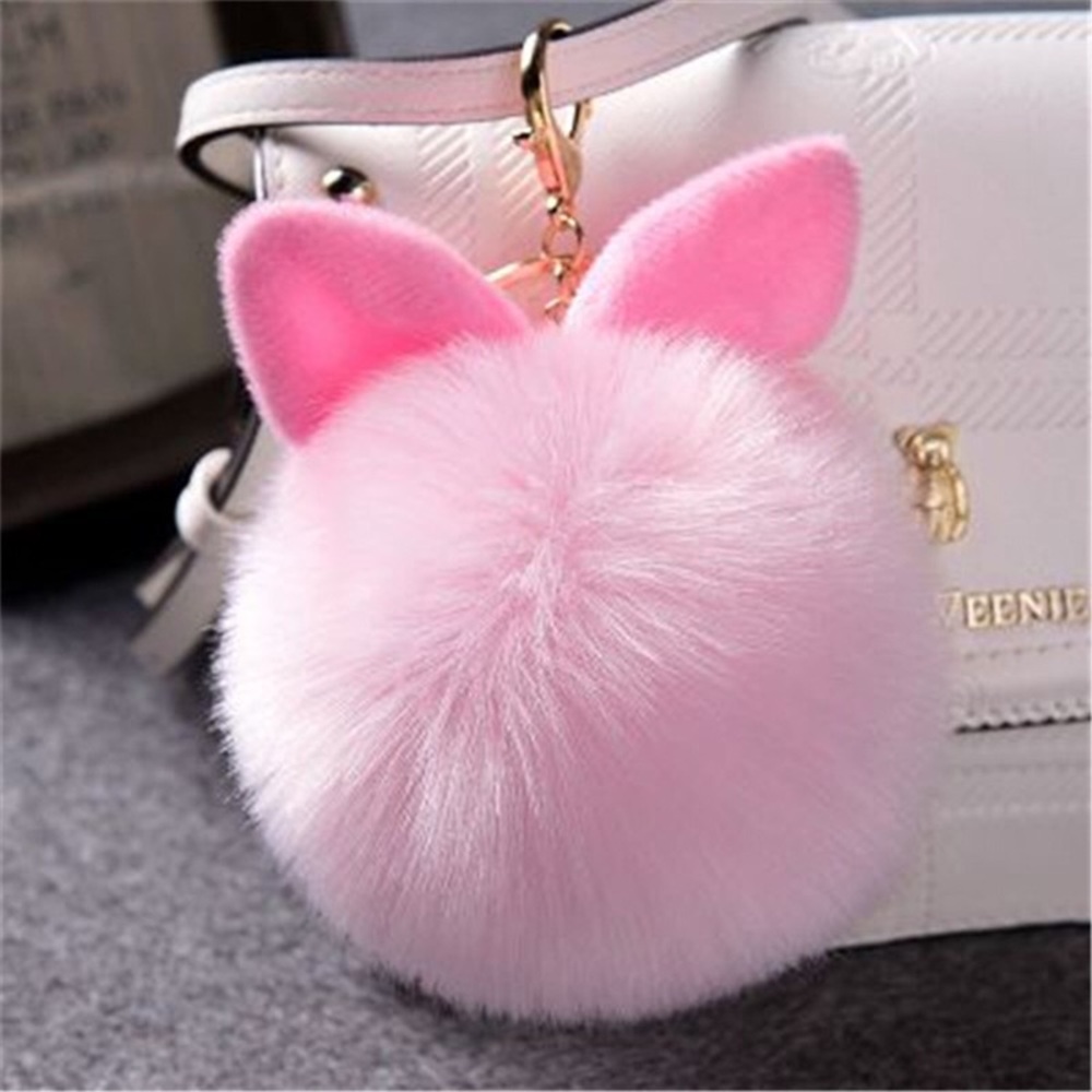 Pink Fluffy Bunny Ears Pom Pom Keychain - Picture 1 of 3